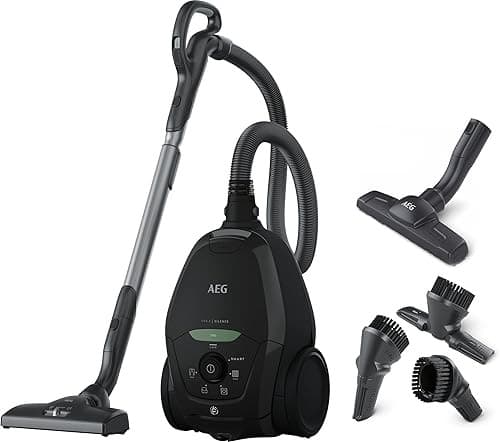 AEG Stofzuiger met Stofzak, VX82-1-ÖKO, Automatische Zuigkrachtregeling, Alle Vloertypes, 12 Meter Actieradius, HEPA-filtersysteem, Geruisloos 57 dB, Handstofzuiger, Inclusief 4 Accessoires, Zwart