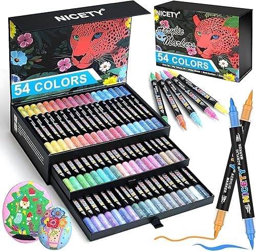 NICETY 54 Kleuren Acryl stiften – Acryl Markers met Dubbele Punt 1–5mm Penseel & 1mm Fijne Punt – Acrylstift voor Steen, Hout, Glas, Keramiek & Canvas