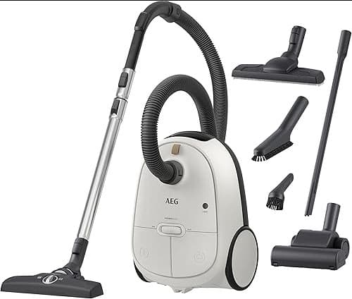 AEG AB61H6SW Stofzuiger met zak, 750 W vermogen, 3,5 l inhoud, 12 m werkbereik, XL wielen, wasbaar filter, 3 borstels + 3 accessoires, 10 jaar motorgarantie, wit