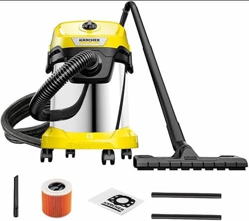 Kärcher nat-/droogzuiger WD 3 S V-17/4/20, inclusief patroonfilter, vliesfilterzak, 1.000 W, 2 m en slangopbergruimte, blaasfunctie, vloer- en spleetmondstuk, zwart, geel